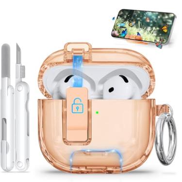 Imagem de Capa para AirPods 4 com suporte de telefone e trava de segurança, capa transparente para AirPod de abertura automática compatível com Apple AirPods 4ª geração 2024, capa protetora antiarranhões e à