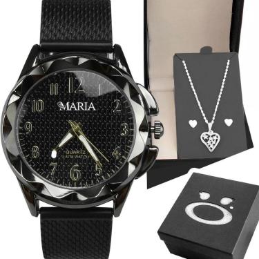 Imagem de Relogio Feminino Aço Preto + Colar Brinco Coração + Caixa Black Piano Social Inoxidável autêntico
