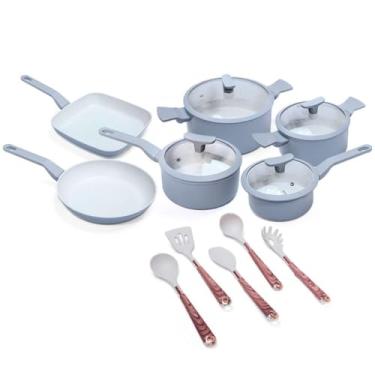 Imagem de Jogo de Panelas Premium com Revestimento em Mármore Antiaderente 11 Peças Cor Cinza e Vanilla Yikasa