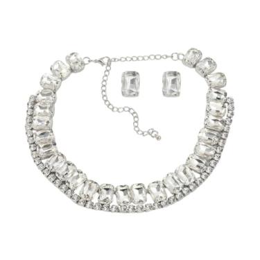 Imagem de Conjunto Colar Brinco Choker Gargantilha Rivieira Geométrico Strass Zircônia Cúbica Prateado - Festa Casamento Formatura Debutante - Noiva Presente Namorada Mãe - Elegante Moderno Luxo
