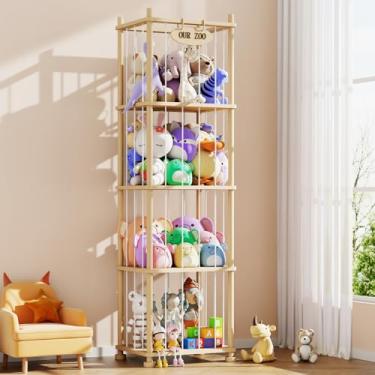 Imagem de Organizador de animais de pelúcia, rack de armazenamento de brinquedos de madeira de pinho maciça com prateleiras removíveis, suporte grande de animais de pelúcia para quarto de crianças, berçário