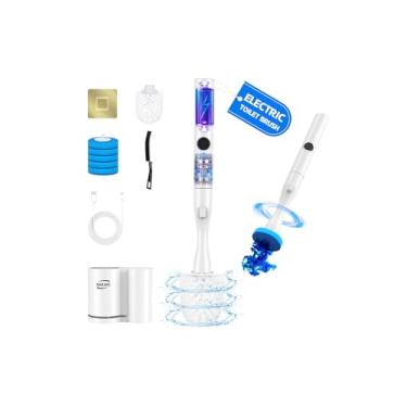 Imagem de Conjunto de escova elétrica e suporte, escova elétrica para vaso sanitário, conjunto de limpador de escova de vaso sanitário com 5 refis de escova de limpeza descartável, de chão, montada na parede