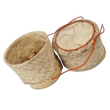 Imagem de Heavens Tvcz Mini cesta de arroz pegajosa de bambu, 8,3 cm de diâmetro, recipiente tailandês tradicional tecido à mão, marrom com cordão vermelho
