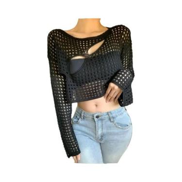 Imagem de Top Cropped De Crochê De Manga Longa Boho Feminino Para Verão E Praia 