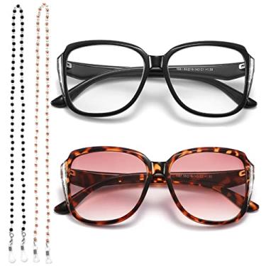 Imagem de TOVEEN Óculos de sol elegantes para leitura, armação grande, óculos de sol com corrente de óculos moderna, portátil para mulheres, Pacote com 2 (1 óculos de leitura pretos + óculos de sol de leitura