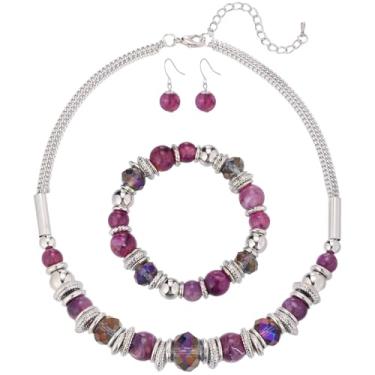 Imagem de PEARL&CLUB Colares femininos com contas de prata para mulheres, colar de contas grossas, pulseira e brinco, conjuntos de joias de fantasia presentes para mãe, Resina, Sem Pedra Preciosa