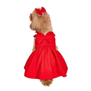 Imagem de GORGLITTER Vestido Bow Dog com acabamento de babados vestido princesa roupas para animais de estimação com clipe de laço vermelho PP