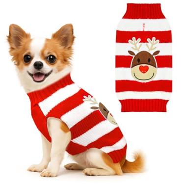 Imagem de BAEJMJK Suéter de Natal listrado para cães, roupas quentes de gola rolê para cães de estimação, fantasia, outono, inverno, pulôver de malha para cães pequenos, médios e grandes (rena vermelha A, médio
