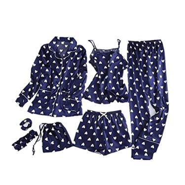 Imagem de ifgswopq 7 peças de pijama de cetim para casa roupa feminina casual roupa de dormir roupa de dormir roupa de dormir roupa de dormir roupa de dormir (1X)