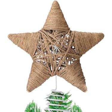 Imagem de Gejoy Topo de árvore de juta com estrela de Natal 24 cm de tecido retrô para enfeites de Natal, casa de fazenda, decoração de casa, inverno, férias
