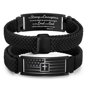 Imagem de VNOX Pulseira com cruz e verso da Bíblia da bandeira americana para homens, adolescentes, crianças, joias, religiosas, ideias de presente de aniversário para homens, Páscoa, Dia dos Namorados, batismo