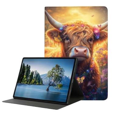 Imagem de DHEEBFWE Capa para iPad 5ª/6ª geração de 9,7 polegadas 2017/2018, iPad Air 1/2 9,7 polegadas, fina capa de couro PU com suporte ajustável, despertar/hibernar automaticamente, linda vaca Highland