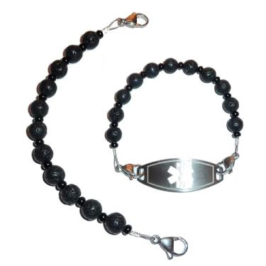 Imagem de Hidden Hollow Beads Pulseira substituível feminina com contas pretas vulcânicas aromaterapia alerta médico ID intercambiável, informações vitais de identificação (16,5 cm)