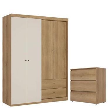 Imagem de Guarda Roupa Solteiro Star 4 Portas Capuccino Off White e Cômoda Gavet