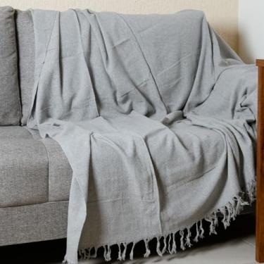 Imagem de Manta para Sofá King 300cm x 180cm – Decoração de Sala Protetora e Decorativa em 100% Algodão com Franjas (Cinza Clara (3,00M x 1,80M))