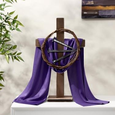 Imagem de Yerliker Cruz de madeira para decoração de páscoa cruz de madeira com base lenço roxo coroa de espinhos e pregos, cruz decorativa, centro de mesa para mesas, decoração de igreja, presente religioso