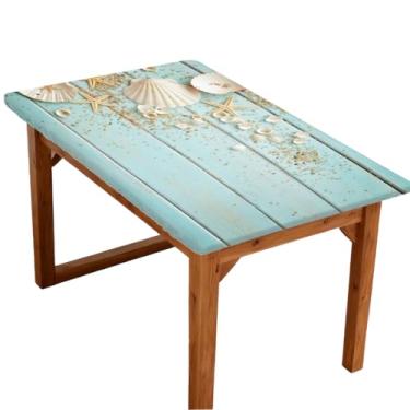 Imagem de Toalha de mesa retangular azul-petróleo litorânea com 1,2 m, toalha de mesa retangular com borda elástica limpável, toalhas de mesa ao ar livre, para cozinha, jantar, festa, piquenique, decoração de