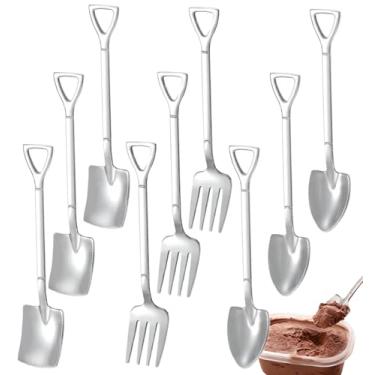 Imagem de Conjunto de 9 mini colheres e garfos prateados para sobremesas, inclui 3 formas de pá, 3 pontas e 3 colheres de sorvete de aço inoxidável para festa em casa, cozinha, restaurante, bistrô, 12 cm