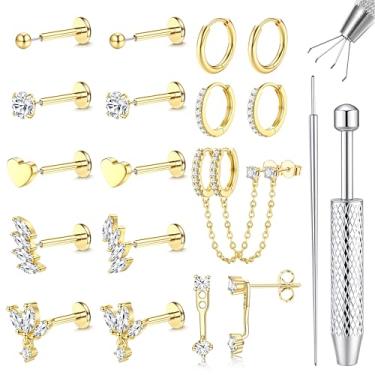 Imagem de LOLIAS 16G/18G/20G Brincos de costas planas para mulheres brincos de argola de aço cirúrgico sem rosca piercing de nariz hipoalergênico CZ cartilagem conjunto de brincos labret helix tragus conch