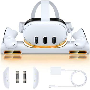 Imagem de Estação de carregamento para Meta Quest 3, base de carregamento magnético rápido RGB compatível com fone de ouvido e controles Oculus Meta Quest 3 VR, com 2 baterias recarregáveis, carregador USB-C e