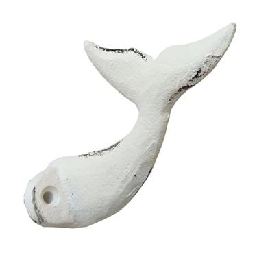 Imagem de The Bridge Collection Gancho de parede de cauda de baleia de ferro fundido - Detalhe de parede de baleia inspirado no oceano - Cabide de ferro fundido estilo praia (branco)
