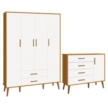 Imagem de Jogo De Quarto Infantil Isis Guarda Roupa 4 Portas E Cômoda 1 Porta Branco/savana - Reller Móveis