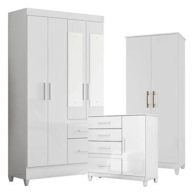 Imagem de Guarda Roupa Com Espelho Infantil Sobral Com Cômoda Vênus Com Pés E Multiuso Jade Branco Brilho - Moval