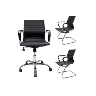 Imagem de Conjunto Cadeira De Escritório Diretor Secretária Baixa Com 2 Cadeiras Interlocutor Fixa Esteirinha Charles Eames Eiffel Preto