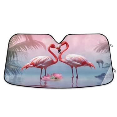 Imagem de ATTX Para-brisa de carro flamingos rosa tropical 144.8 cm x 80.0 cm escudo solar universal com proteção UV, persiana de janela frontal automática dobrável para caminhões Sedans SUVs #876