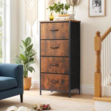 Imagem de Wyngoo Mesa de cabeceira, cômoda de 4 gavetas com parte superior de madeira e estrutura de aço, organizador de caixas de tecido, cômoda alta para quarto, quarto de hóspedes, armário, entrada