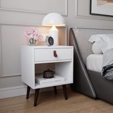 Imagem de Mesa de Cabeceira Mesinha Para Quarto 1 Gaveta Puxador em Couro Ravenna - Branco