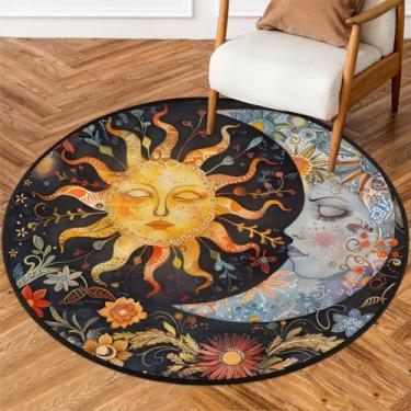 Imagem de Tapete redondo pequeno, étnico, lua, sol, macio, antiderrapante, lavável, tapete circular para quarto, sala de estar, berçário, cozinha, banheiro, entrada, decoração de casa