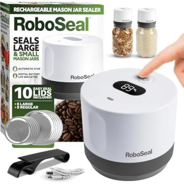 Imagem de RoboSeal Seladora a vácuo recarregável para frascos de vidro boca larga e regular, operação com um toque, 10 tampas e abridor de frascos incluídos, indicador digital de bateria, preserva alimentos por