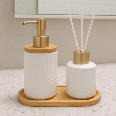 Imagem de Kit Banheiro Lavabo Premium 3 Peças com Saboneteira, Difusor e Bandeja de Porcelana(Branco Linhas)