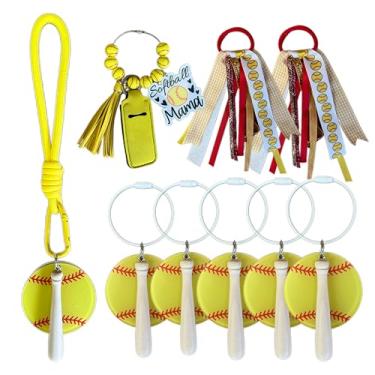 Imagem de Jvuessieye Acessórios de softball, chaveiro, borlas, bolsa de lembrancinha de festa, etiqueta, protetor labial, suporte de chapstick, presentes de equipe, Amarelo-vermelho, P