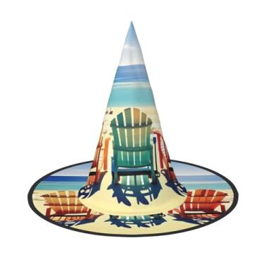 Imagem de XLLingL Cena de praia com cadeiras impressão chapéu de bruxa de Halloween, chapéu de feiticeiro, adequado para festas de RPG e festas à fantasia - 1 peça