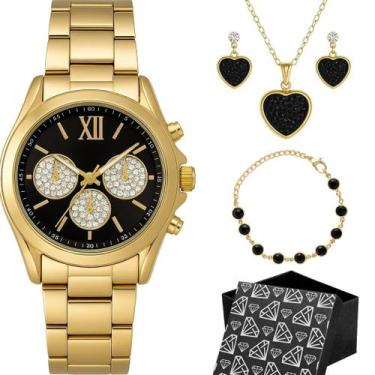 Imagem de Kit Feminino Relógio Analógico Dourado Banhado Mostrador Preto Pulseir