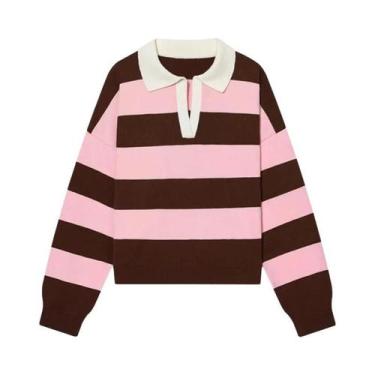 Imagem de Suéter Feminino Vintage Listrado De Tricô Com Gola Polo E Manga Longa,