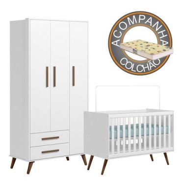 Imagem de Quarto de Bebê Qencanto com Roupeiro e Berço Qmovi Branco + Colchão Ga