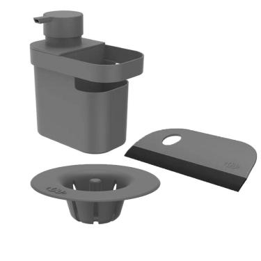 Imagem de Kit Dispenser Detergente Líquido Organizador Filtro Ralo Rodo Pia Cozinha Cinza - Ou