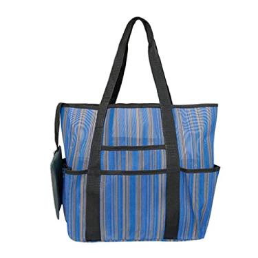 Imagem de Bolsa à prova d'água saco de transporte compartimento molhado viagem fim de semana stripe malha saco de pano um ombro saco de praia mulheres (azul)