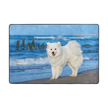 Imagem de Top Carpenter Tapete de área para cães brancos Samoied Walks Near The Sea Capacho para piso de madeira de entrada sala de estar quarto 3' x 2' (91,4 x 61 cm)