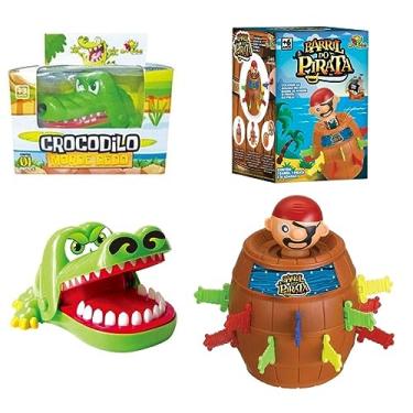 Imagem de Kit Brinquedo Crocodilo Morde Dedo e Jogo Barril Pula Pirata 16x10cm