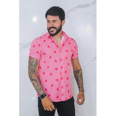 Imagem de Camisa Social  Botão Divertida Unissex Pink Coração - Cs Modas