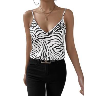 Imagem de BEAUDRM Camiseta feminina listrada zebra sem mangas gola V alças finas casual, Preto e branco, P
