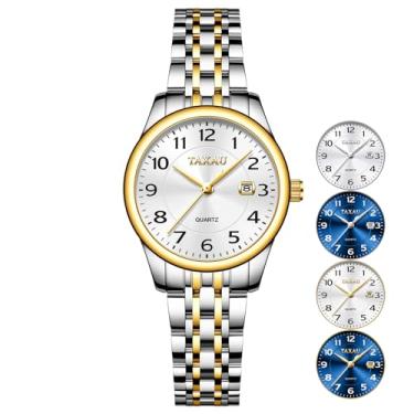 Imagem de Taxau Relógios femininos elegantes à prova d'água com data, numerais arábicos, dois tons, aço inoxidável, analógico, quartzo, pequeno, relógio de pulso Reloj Mujer, Branco em dois tons, round, relógio