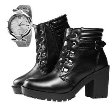 Imagem de Bota Feminina Coturno Salto Grosso Cano Baixo Tratorada Conforto mais Relógio-Feminino
