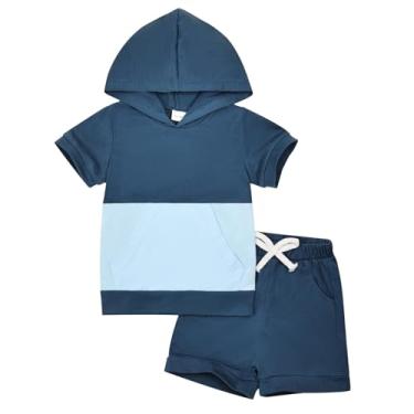 Imagem de FOCICI Conjunto de camiseta e calça de bolso com capuz de manga curta para bebês meninos 12 meses a 4 anos, Azul, 3-4Y