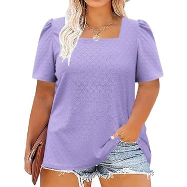 Imagem de ROSRISS Camisetas femininas plus size de verão manga curta bufante camisetas de gola quadrada lindas túnicas com ilhós, 10_roxo, XXG