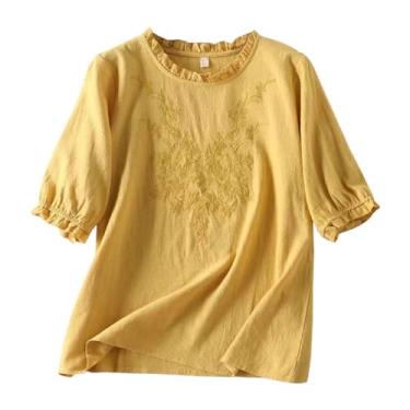 Imagem de Camisas de linho para mulheres, algodão, linho, manga curta, verão, solta, gola redonda, casual, boho, blusa bordada vintage, G#_amarelo, 3G